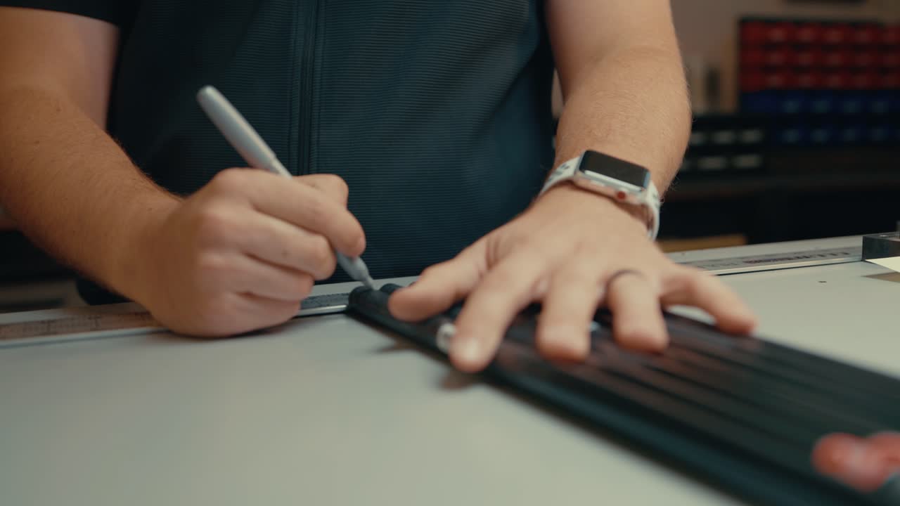 Mani maschili tengono fermi i fusti delle mazze da golf e segnano con una penna per il taglio e l'adattamento personalizzato su un bancone, al rallentatore.