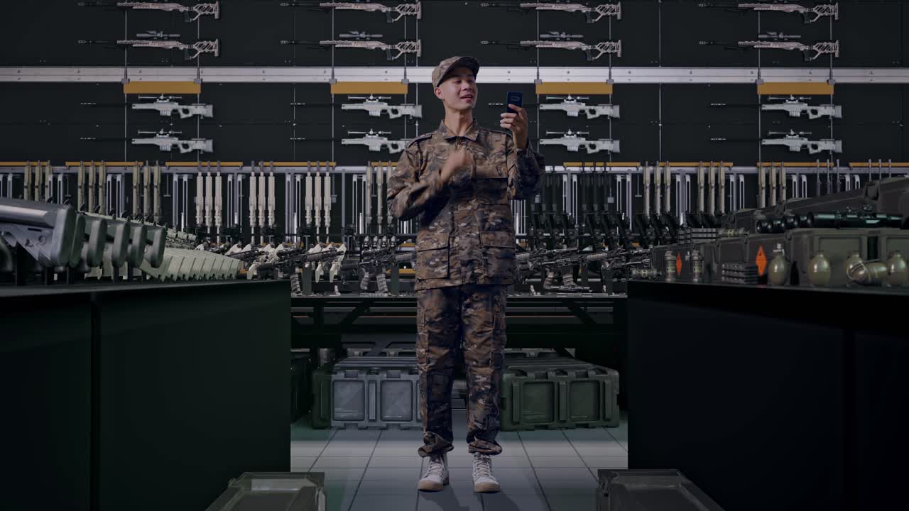 uomo asiatico soldato a figura intera che saluta con la mano durante una videochiamata su smartphone in un arsenale militare
