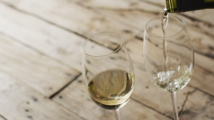 Vino bianco versato in bicchieri su superficie di legno con spazio di copia.