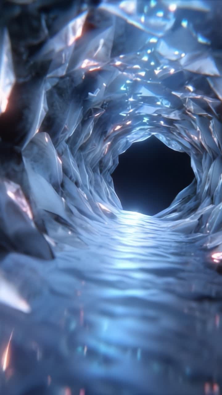 A mesmerizing view of an illuminated crystal cave emphasizing reflections and light play along the surface of the water flowing through the crystalline tunnel