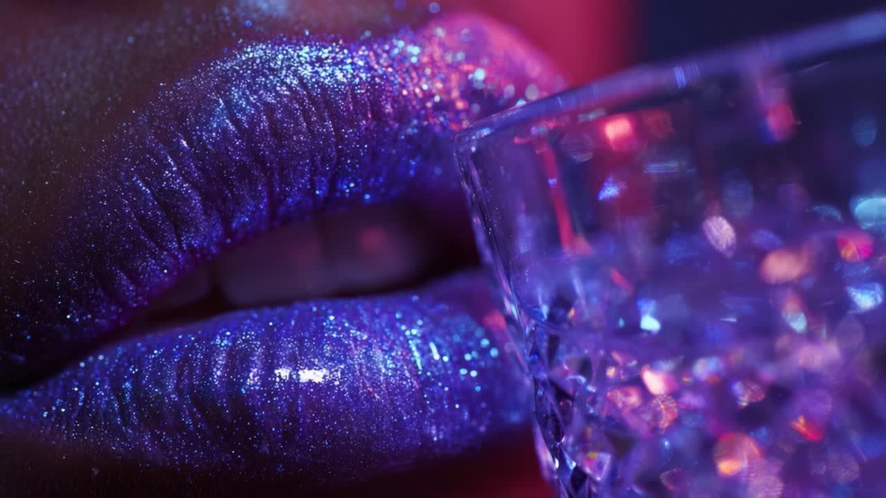 Close-Up of Sparkling Lips with Glitter and Crystal Glass, Capturing the Essence of Glamour and Elegance, Perfect for Beauty and Cosmetic Inspiration, Highlighting Vibrant Color and Dazzling Reflections