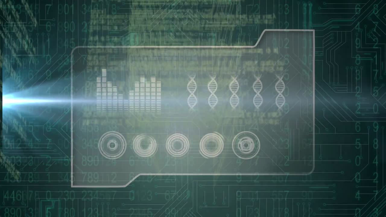 Animation of binary coding, data processing over glowing computer circuit board