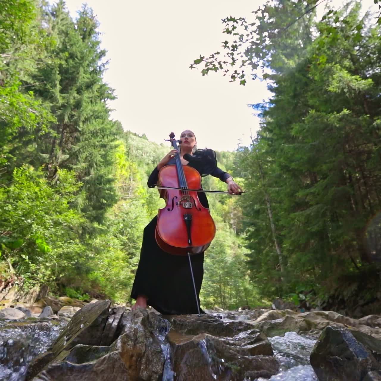 Kaunis nainen soittaa selloa luonnossa. Ylellinen nuori sellisti esittää musiikkia mekossa metsässä.
