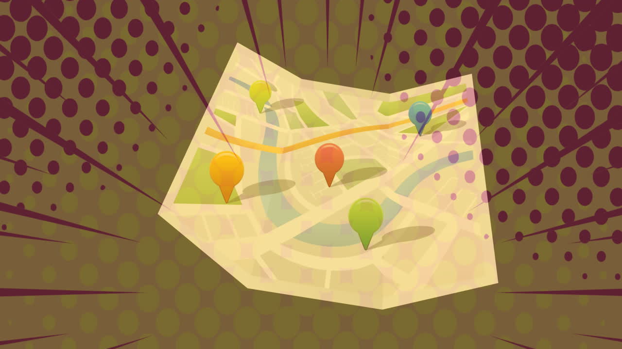 animación del mapa con alfileres de ubicación en un fondo retro manchado