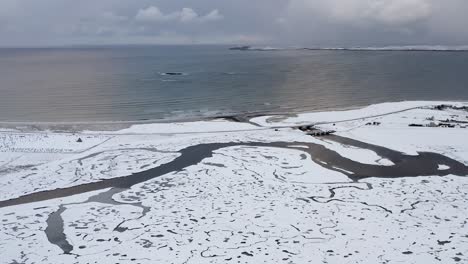 dynamic drone shot of the snowy gress river with gress beach and point in the background on the outer hebrides of scotland