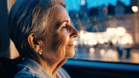relaxed senior woman smiling while gazing through a bus window at vibrant city lights during a nighttime journey