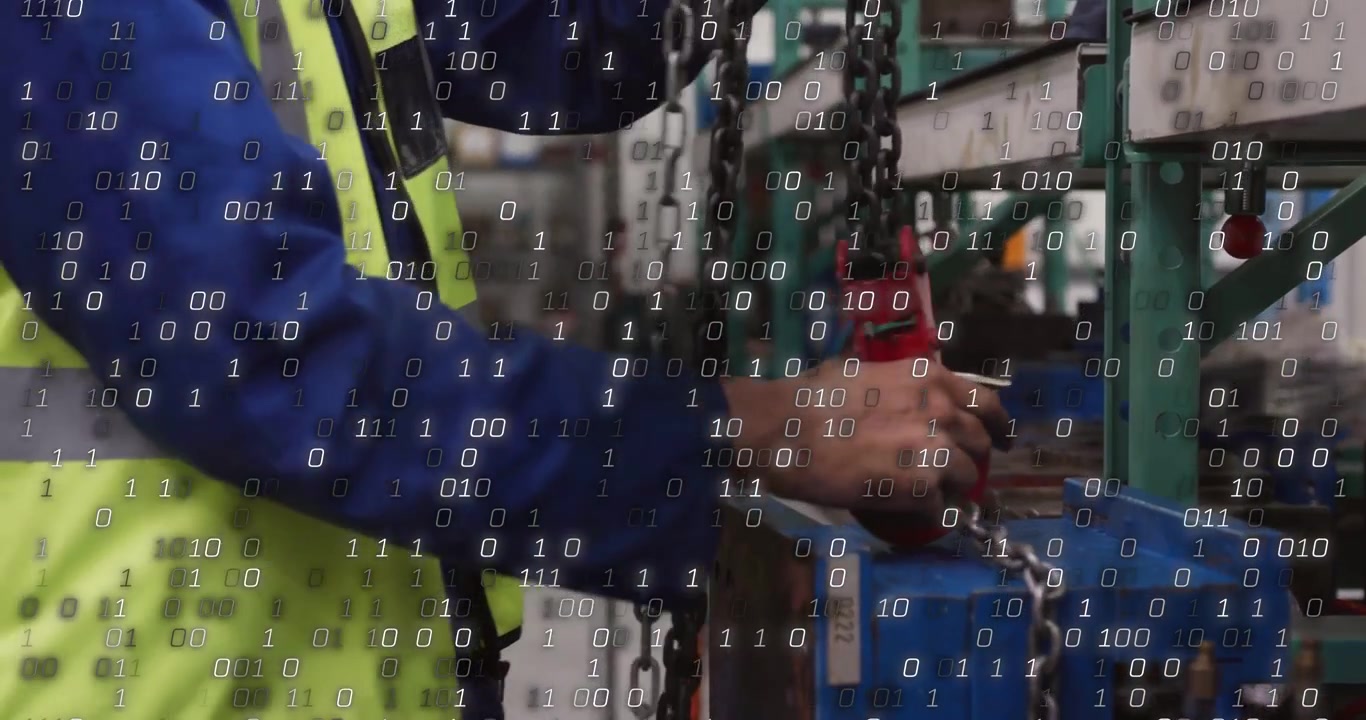 Worker pulling chain, aligning red hook, securing for plant rigging with binary overlaying hands