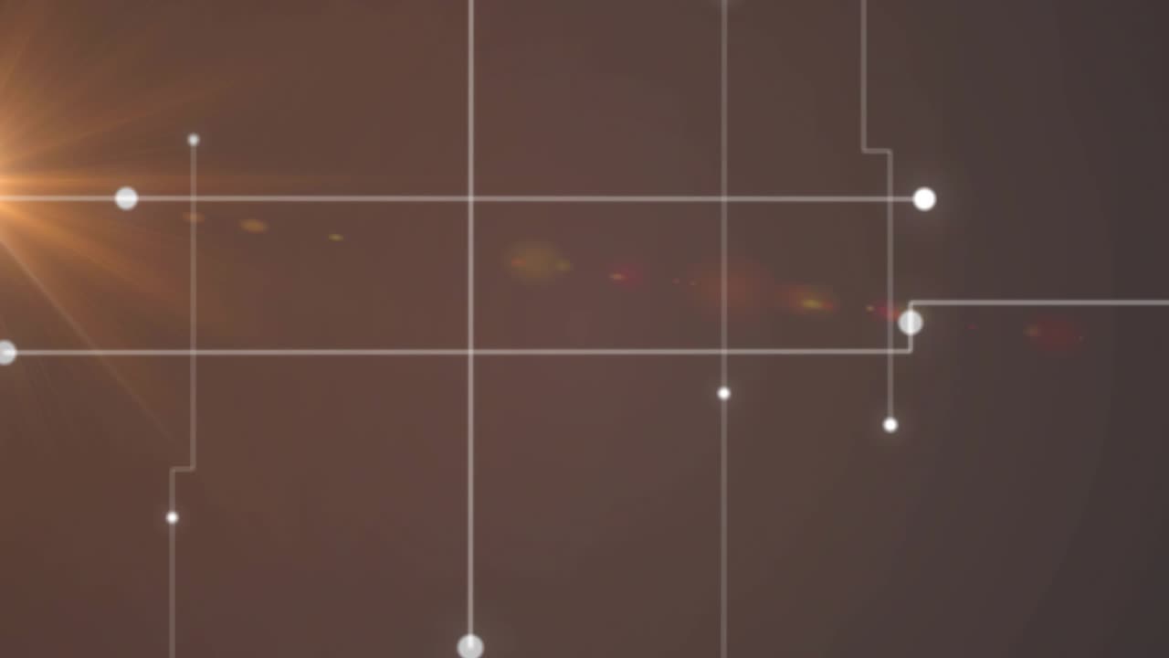 Lens flare shining from left sparking white dots descending, linking into expanding node network