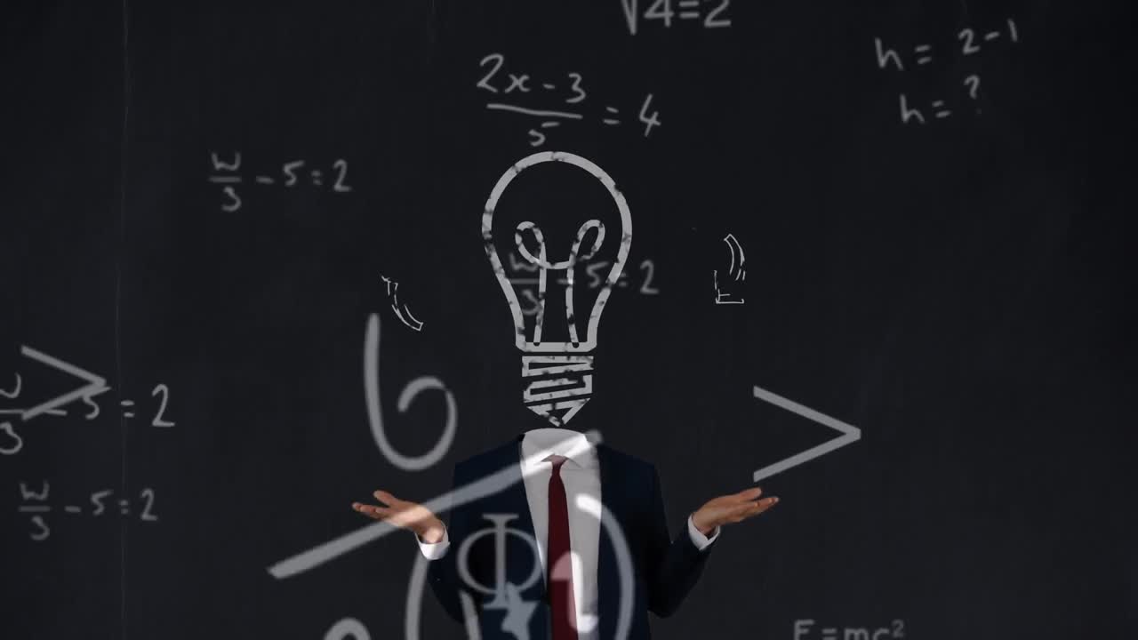 Mathematical equations floating against light bulb over face of businessman against black background