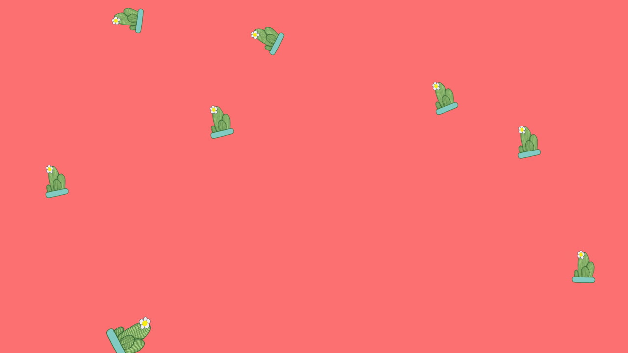 animación de la ilustración de cactus en platos azules que caen sobre un fondo rosa