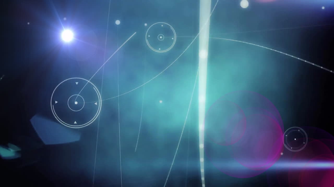Animation of light beams and geometric shapes creating futuristic digital atmosphere