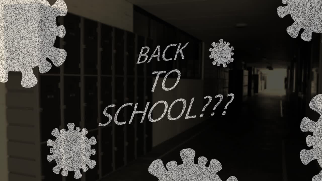 빈 학교 복도에 대한 학교 교과서와 코로나 19 세포