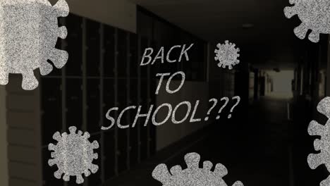 back to school text and covid-19 cells against empty school corridor