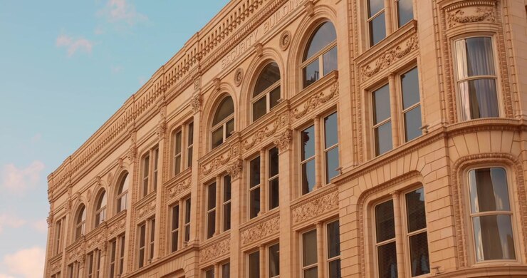 Vista próxima de arquitetura comercial histórica ornamentada no centro de Dubuque, apresentando fachadas de pedra decorativas e design americano clássico