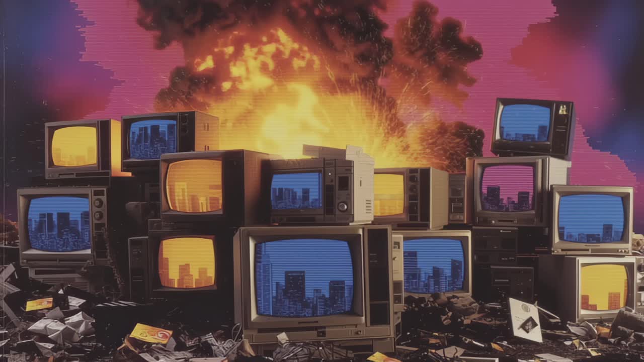 Filmato di televisori CRT vintage impilati che mostrano uno skyline urbano mentre un'enorme esplosione infuocata e fumo si alzano dietro, creando un concetto mediatico distopico e glitchato.