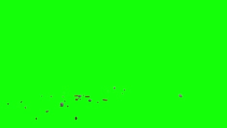 pieces of bricks and rocks, sliding from left side of the screen and scattering on imaginary flat surface, green screen background, animation overlay for chroma key blending option