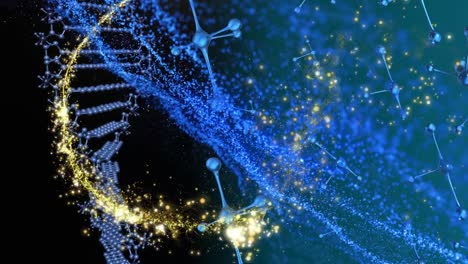 animation of dna chain rotating over molecules and lights in blue and black space