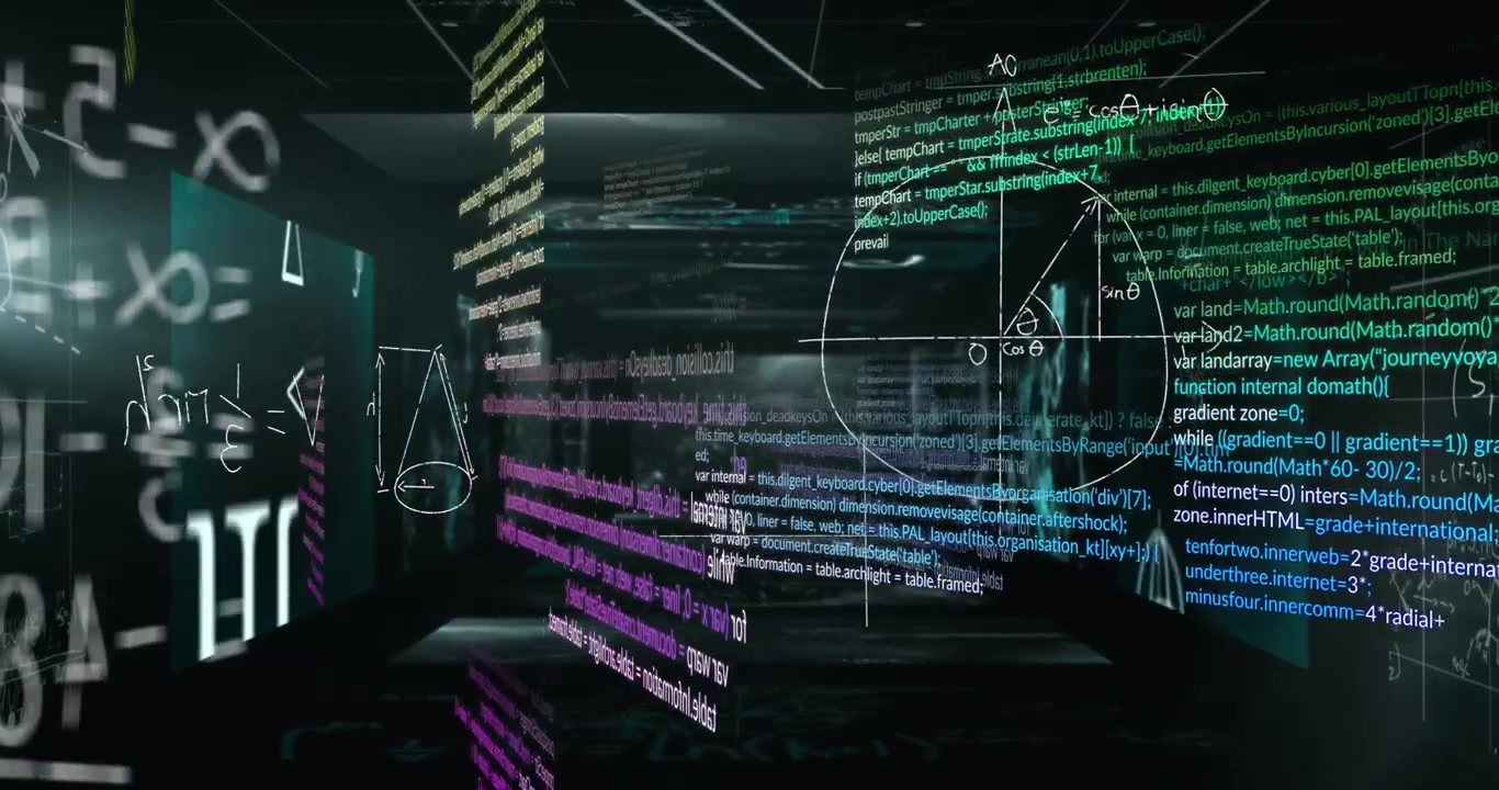 Animation mathematical equations, computer language over medical interfaces on black background