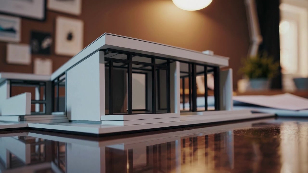 Architektonický model moderního domu na stole
