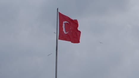 bandera roja de turquía en el poste ondeando en el viento contra el cielo gris, istanbul