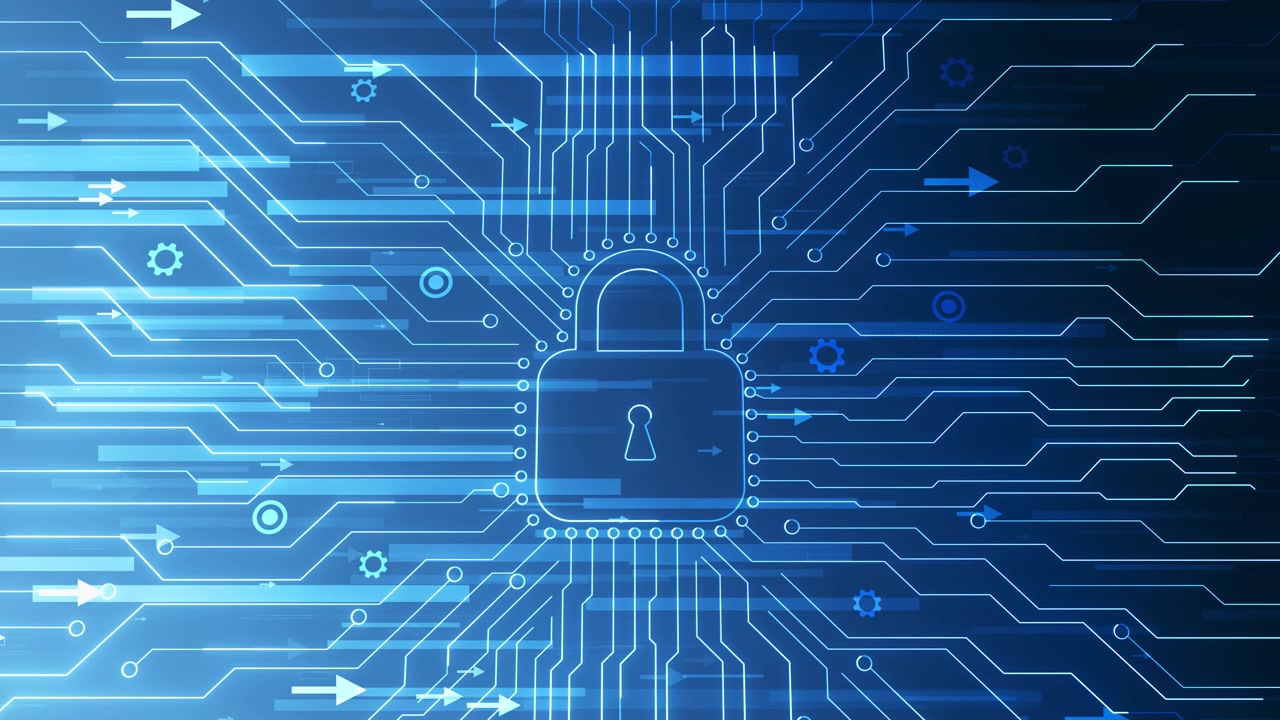 Digital padlock circuit network visual with blue technology lines glowing nodes and secure data