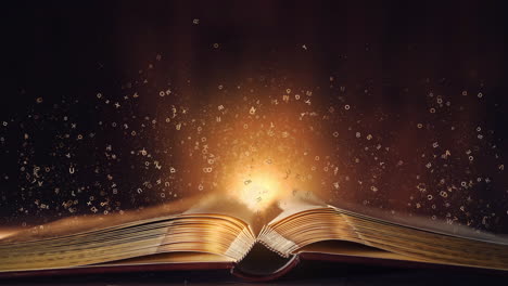 magic book with light sparkles and shine. fairy tale book with open pages, magic shiny stars light and sparkling fireworks with floating letters. loop animation.