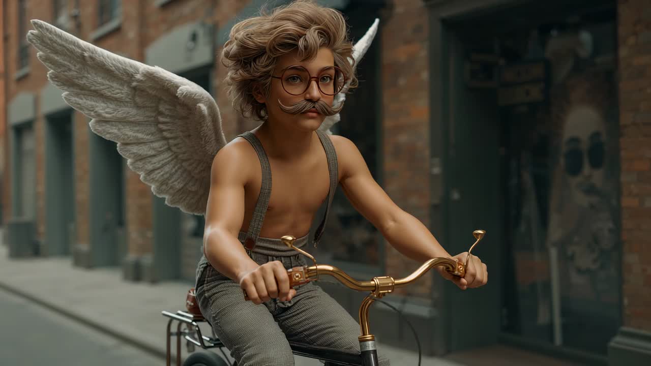 Personaggio maschile in stile infantile che pedala lungo una strada di mattoni, mettendo in mostra manubrio e ali dorate