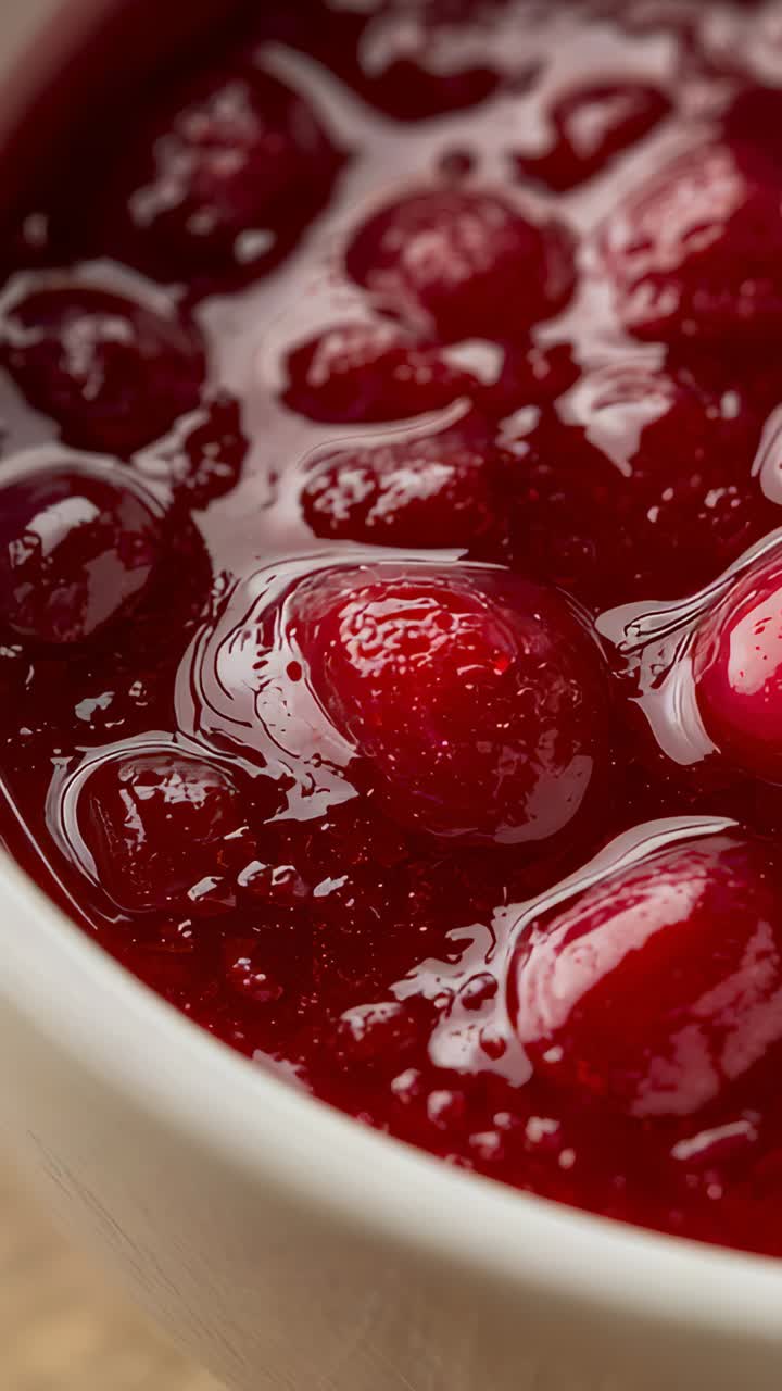 Vertical video: Pushing camera in closeup on bowl of red berries in syrup, highlighting reflections