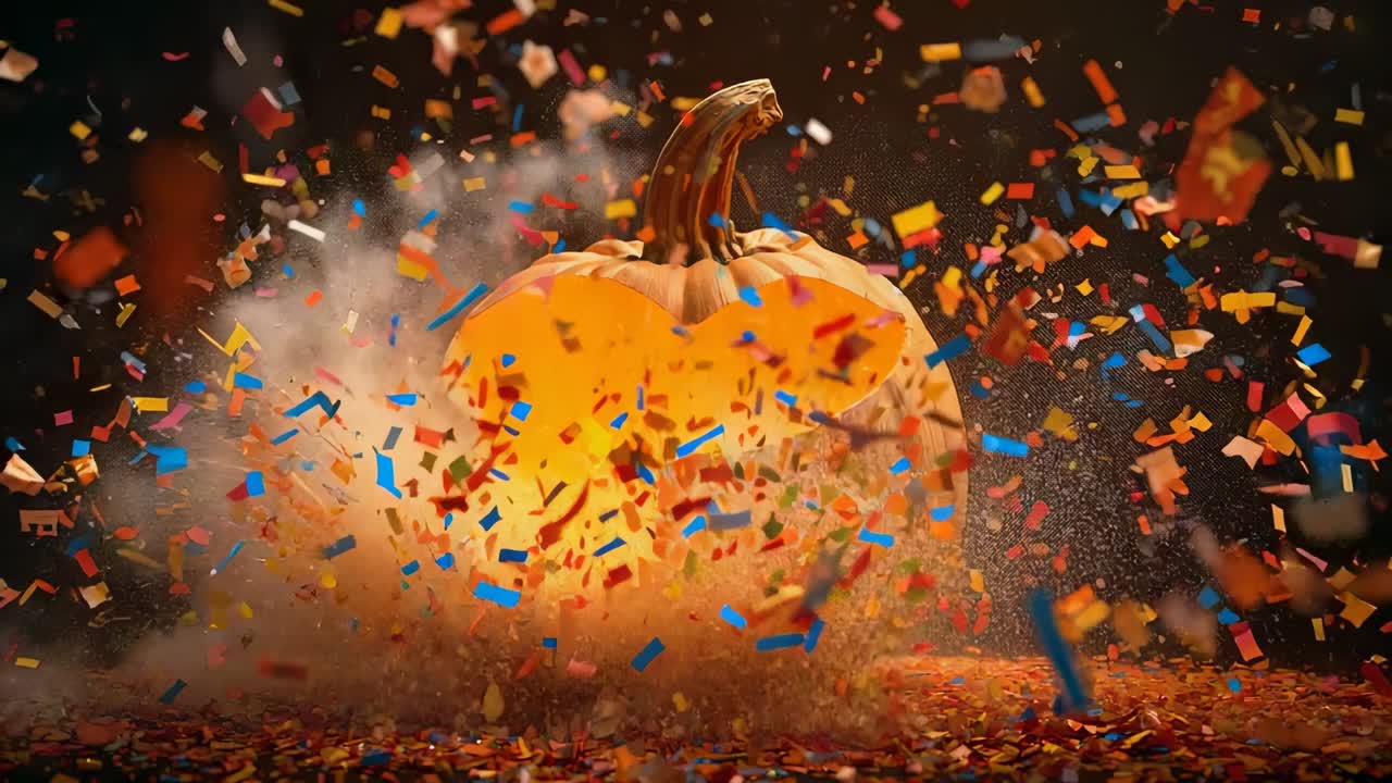 Splitting orange pumpkin on table with confetti swirling smoke rising pouring glowing liquid