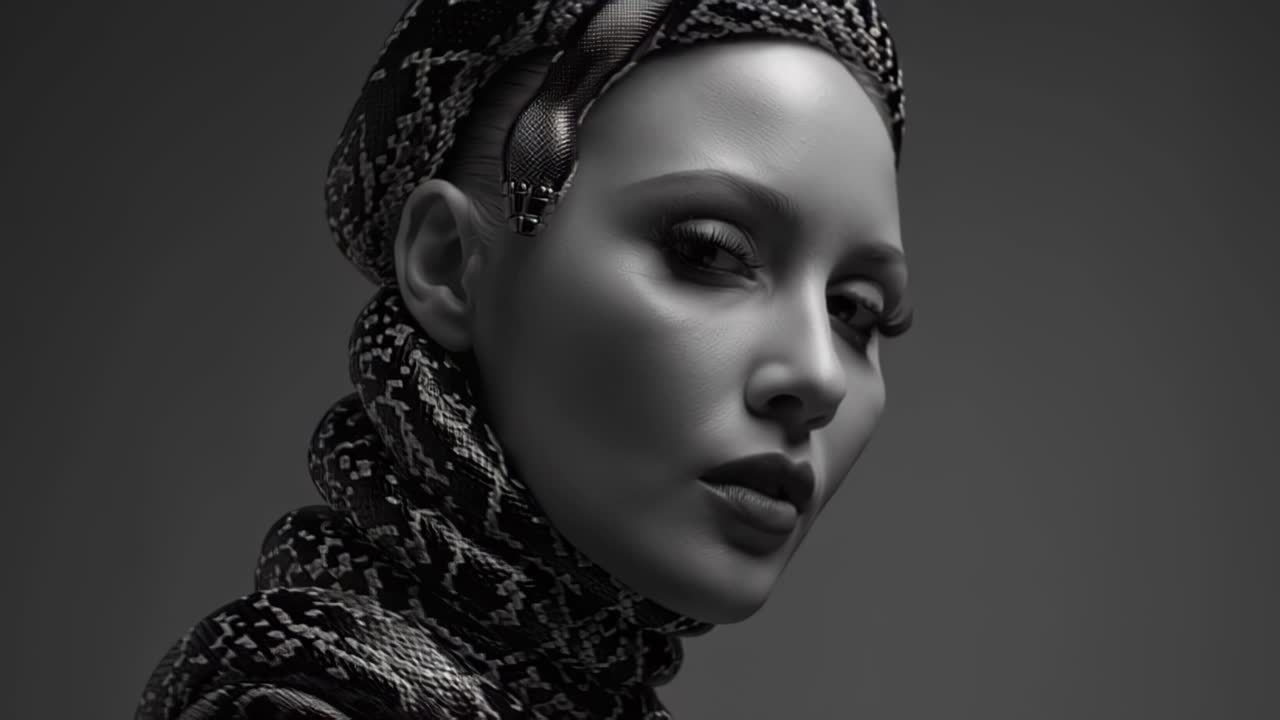 Filmato cinematografico in primo piano di una donna affascinante che posa con un serpente a motivi avvolto intorno alla testa e al collo in uno studio buio, illuminazione drammatica e trucco di bellezza.