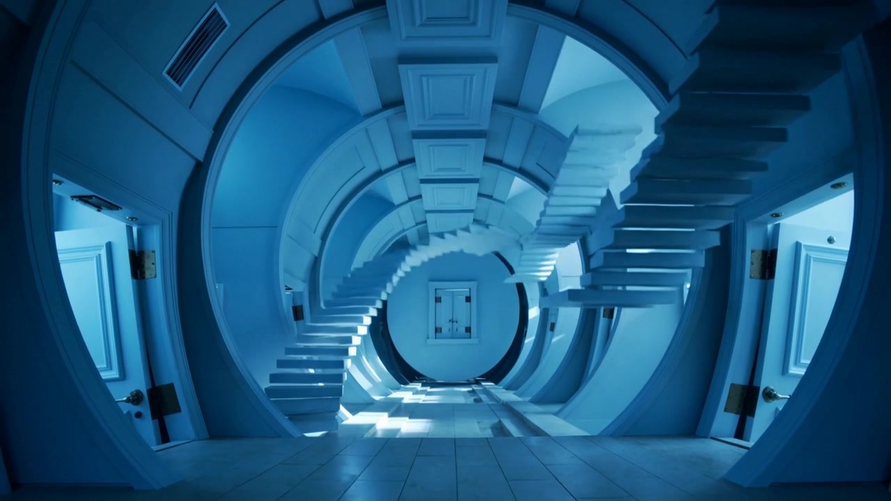 Rising floating stairs emerging and rotating in circular corridor as light shifts, showing door