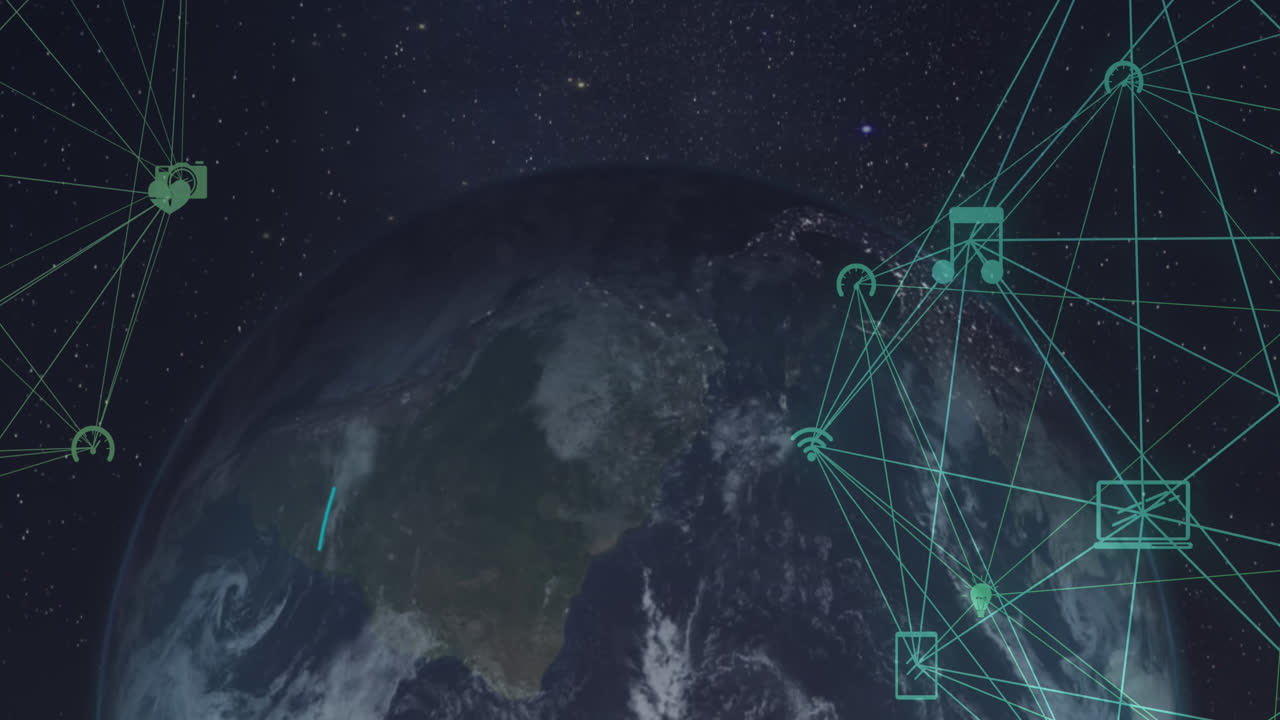 globo de iconos digitales contra el globo girando sobre fondo negro