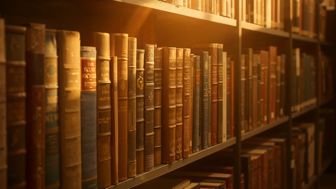 Camera panning right along shelf, sunlight from left causing beam showing gilt spines for archives