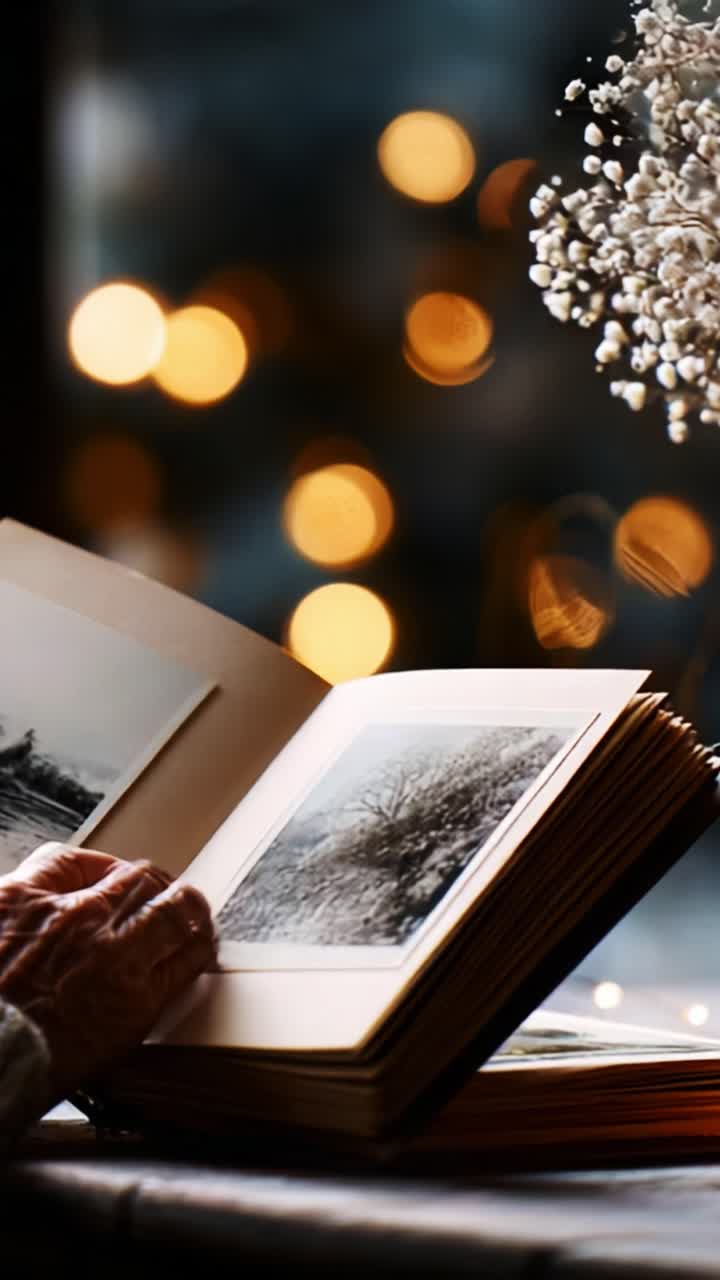 Un intimo momento di riflessione: una persona sfoglia delicatamente le pagine di un album di foto vintage, immersa nella calda luce bokeh e delicati tocchi floreali