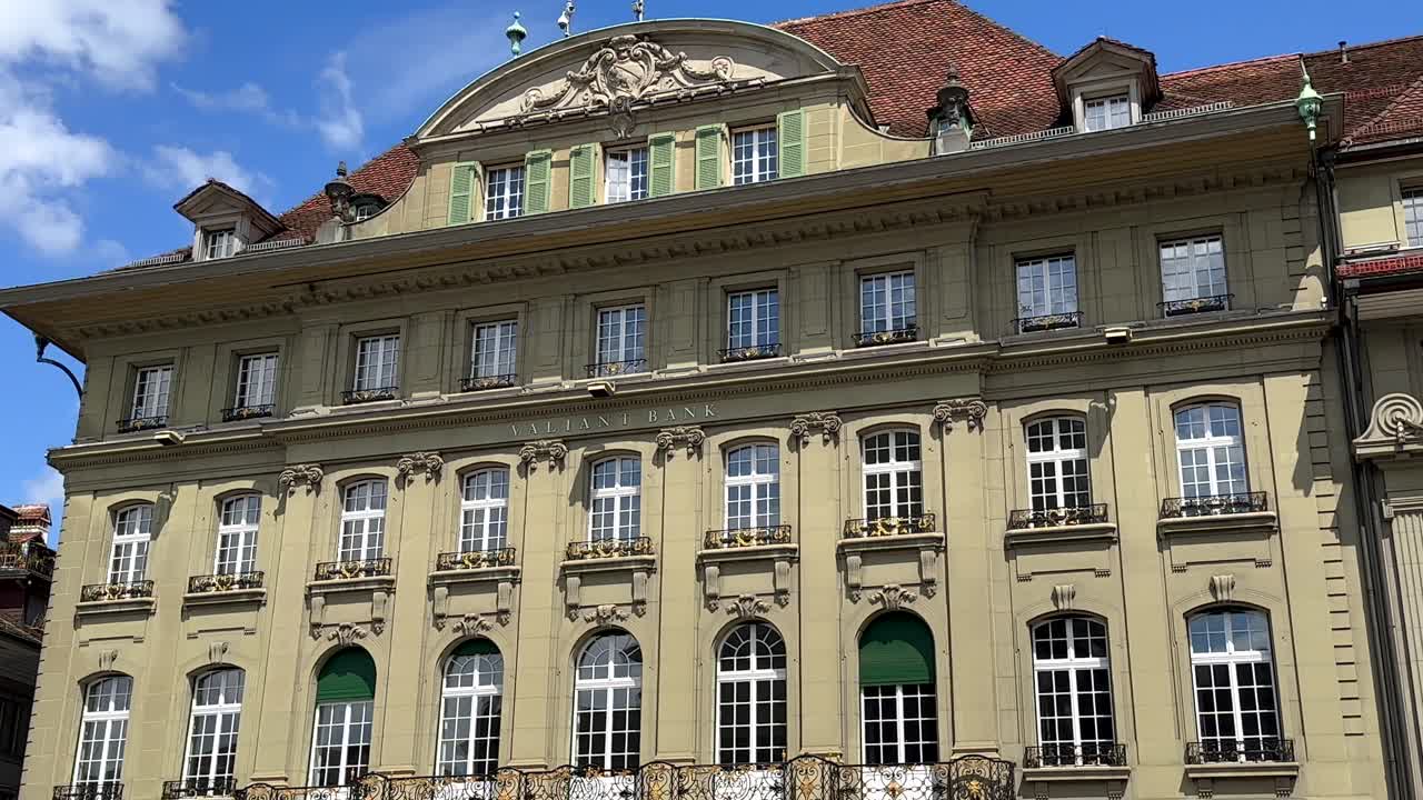 Historic Building of Valiant Bank in bern City during sunny day. City center of Switzerland.Wide shot. Beautiful architecture design.