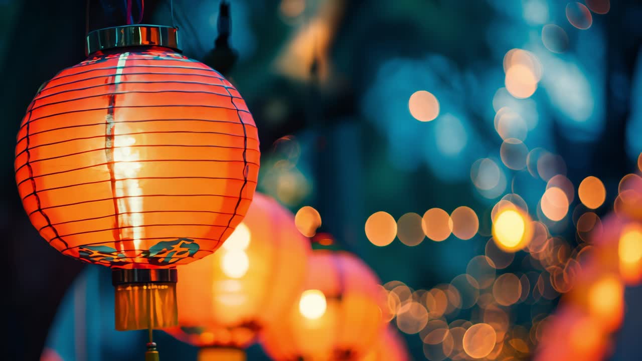 Multiple illuminated red Chinese lanterns creating a warm and inviting atmosphere during an evening celebration, with blurred lights in the background