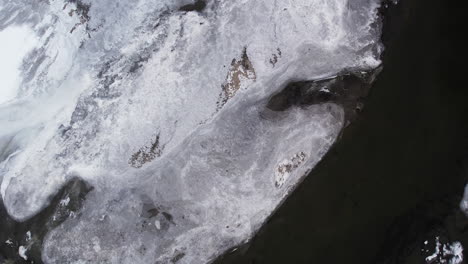 frozen water surface in winter. aerial topdown shot