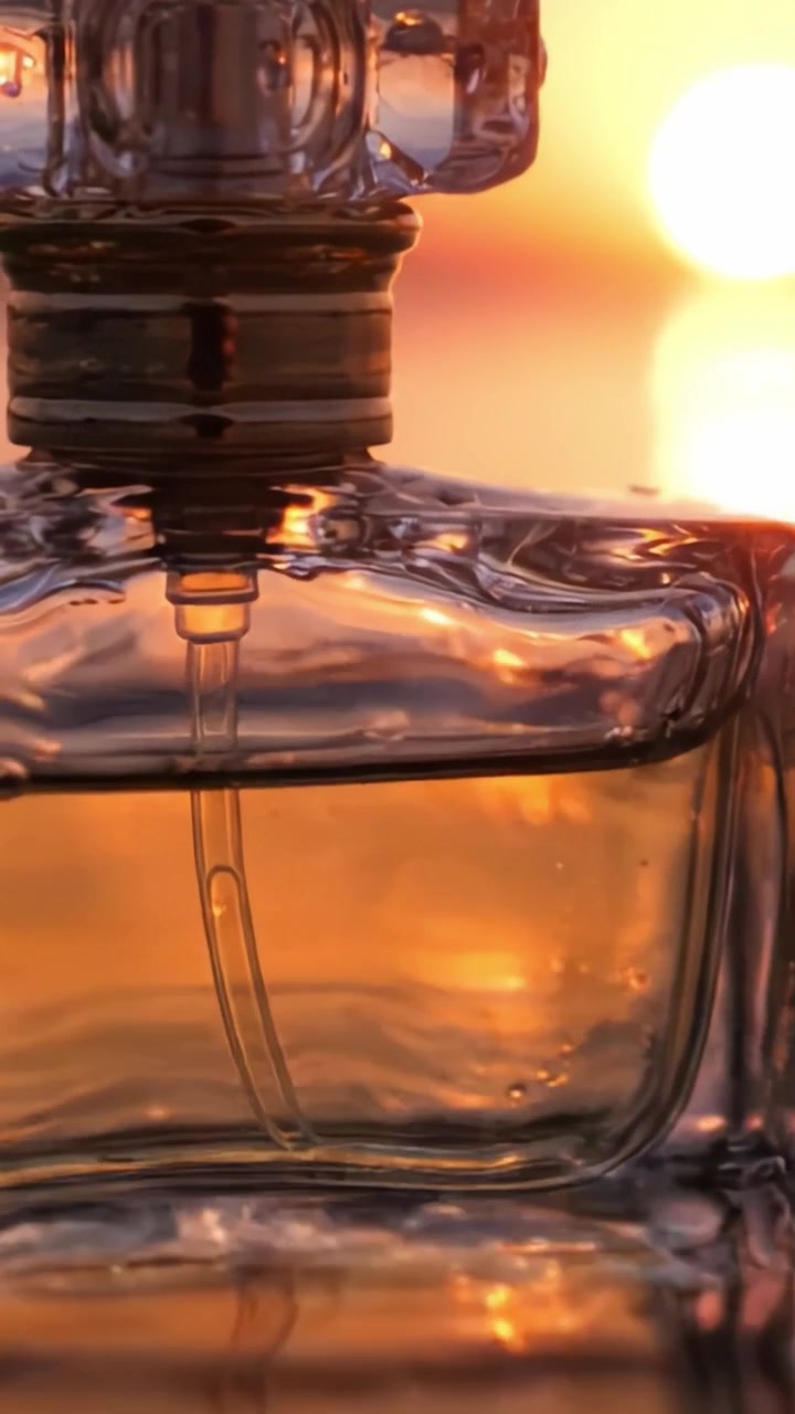 Primo piano accattivante di una bottiglia di profumo che risplende contro un tramonto mozzafiato, mettendo in mostra un design elegante e un riflesso di colori caldi per un'aura lussuosa