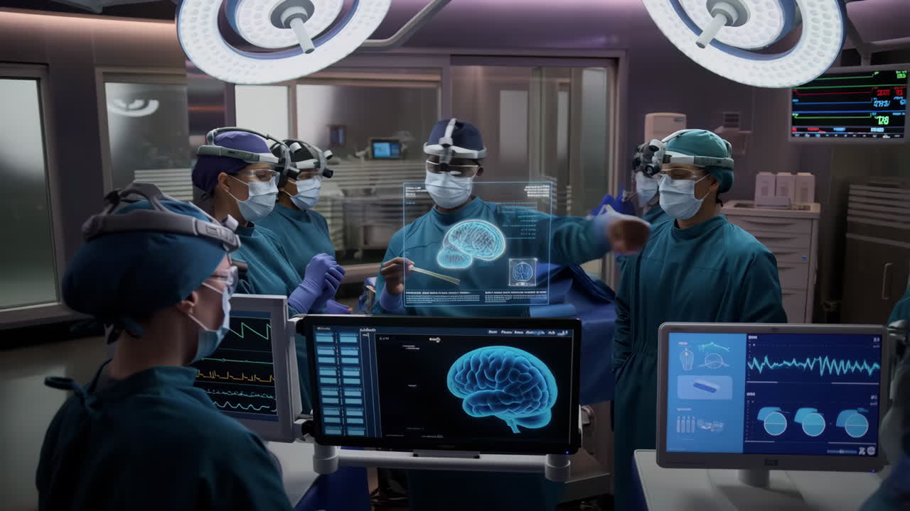 Surgeons utilize advanced holographic technology for a brain operation in a modern operating room