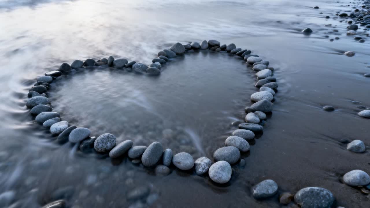 Inkommande vågor som varsamt knuffar en hjärtformad stenring vid strandlinjen och fyller en grund havsvattenpöl