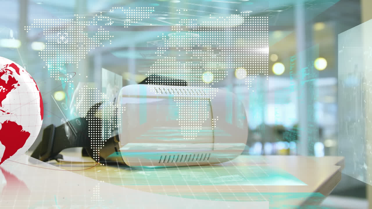 데이터 처리 및 지구, vr 헤드 및 세계 지도의 애니메이션