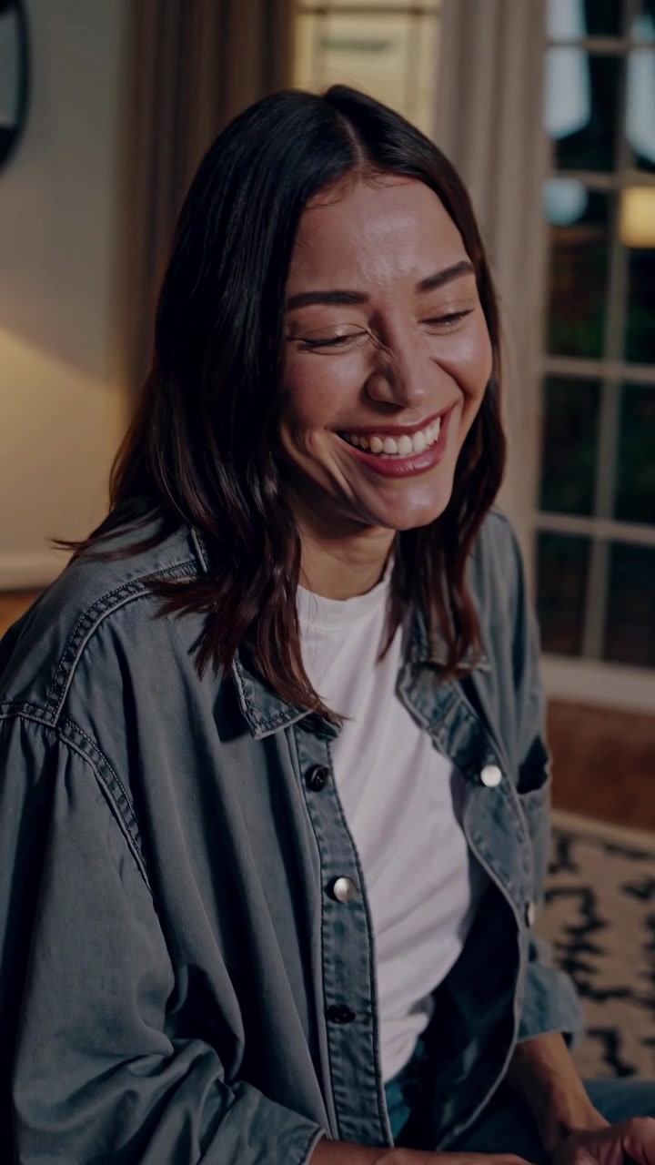 Giovane donna felice che sorride e ride al chiuso