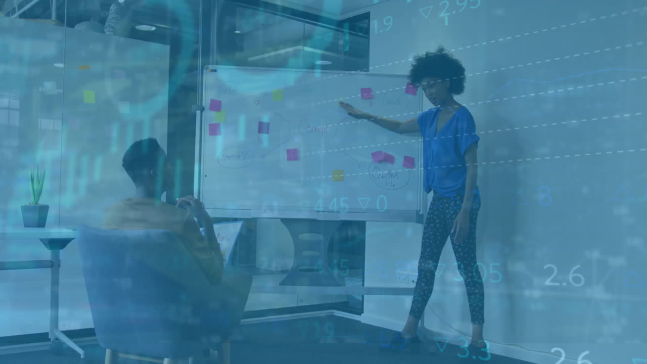 Animation of financial data processing over diverse business people in office