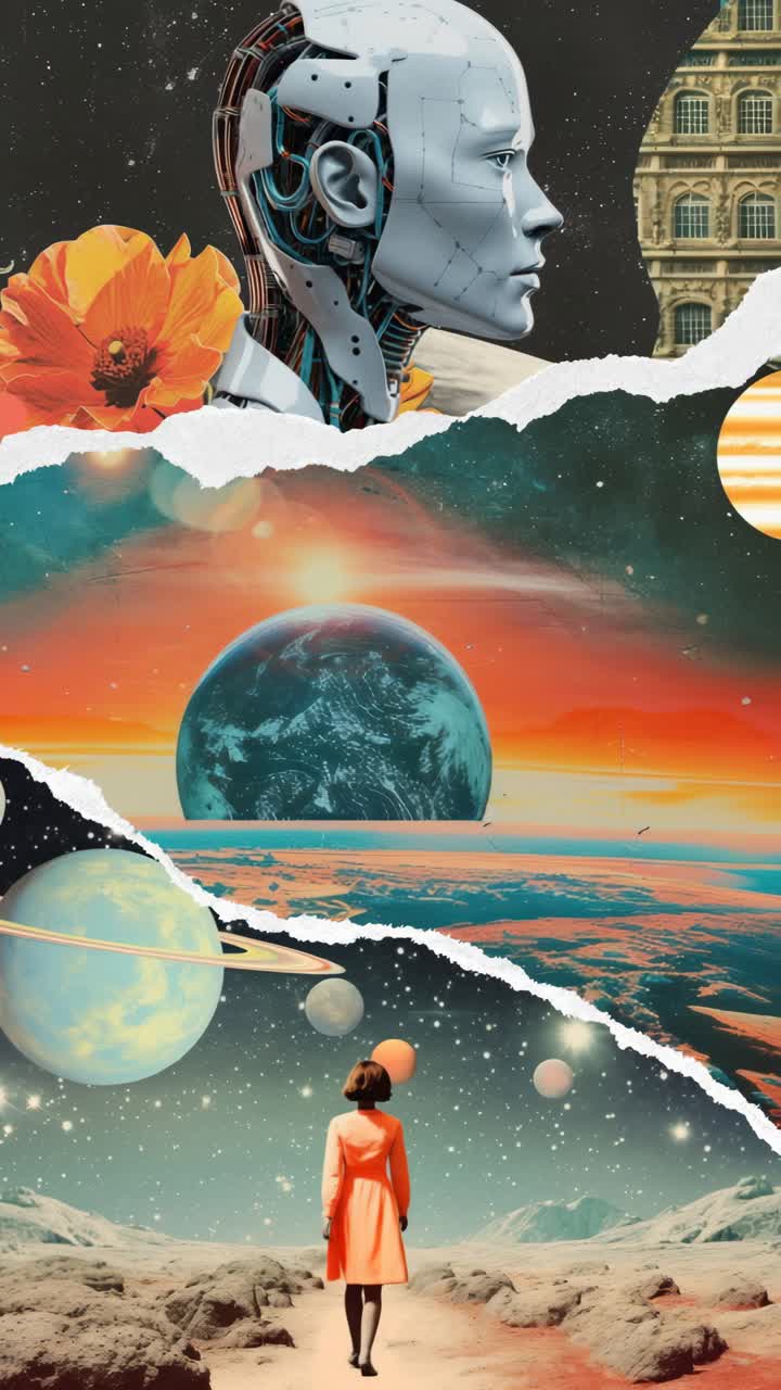 Surreal collage with a futuristic robot, vibrant flowers, and cosmic landscapes