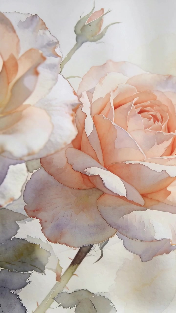 Video verticale: Delicata rivelazione di una rosa rosa pesca che si muove sulla carta, mostrando un bocciolo e un'increspatura.