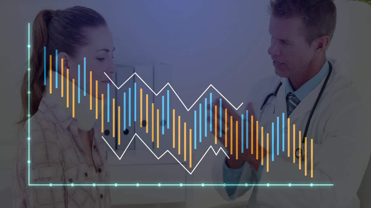 Female patient listening while male doctor gesturing in clinic with animated bar-line chart overlay