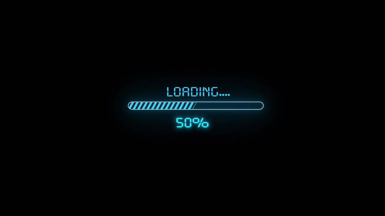 Cyan loading status interface visual with full progress bar bright pixel text and clean black