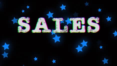 Sales-text-and-blue-stars-moving-against-black-background