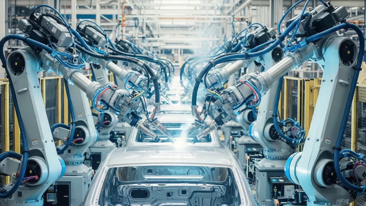 Advanced Robotics in Automotive Manufacturing: Precision Assembly Line Featuring High-Tech Robotic Arms Performing Welding Operations on Car Tops