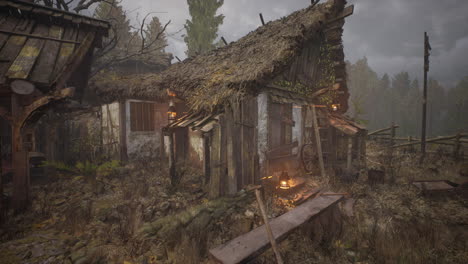 cabaña de madera en el bosque de pinos en verano